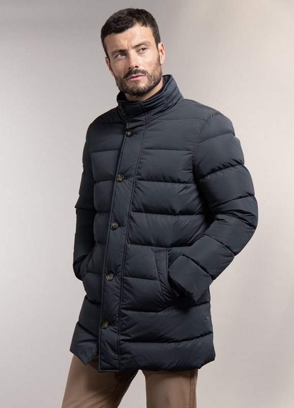 Long down jacket with concealed hood