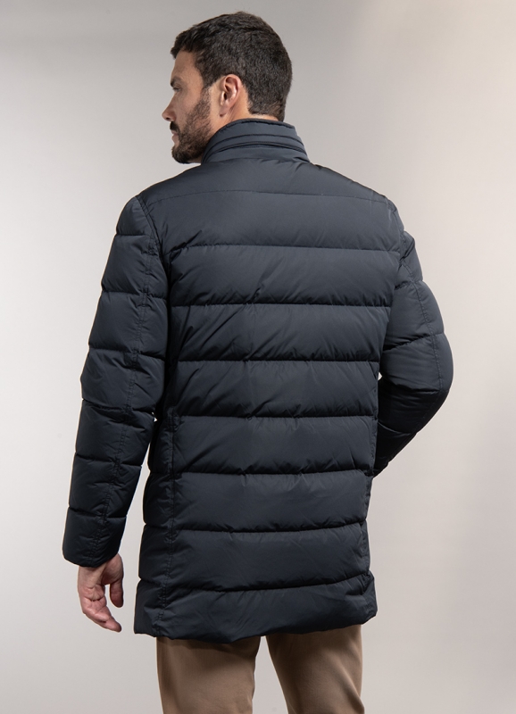 Long down jacket with concealed hood