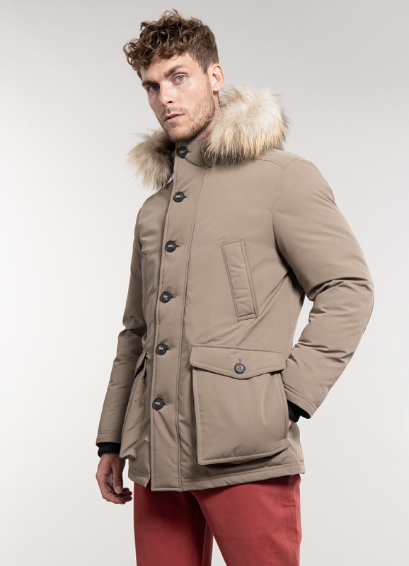 Parka with removable parmament and hood with detachable real fur band