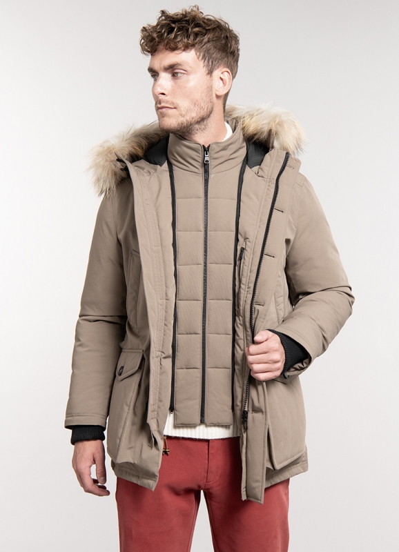 Parka with removable parmament and hood with detachable real fur band