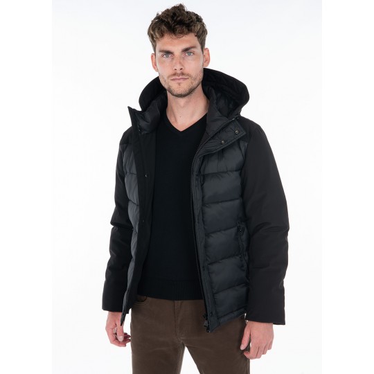 Bi fabric quilted jacket with hood