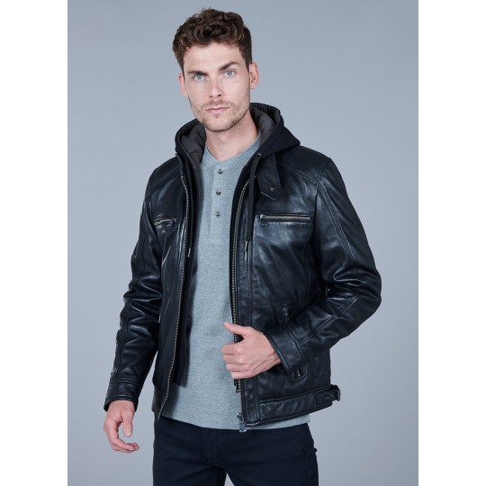 Leather jacket with removable facing and hood