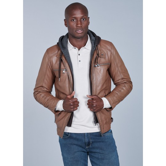 Leather jacket with removable facing and hood