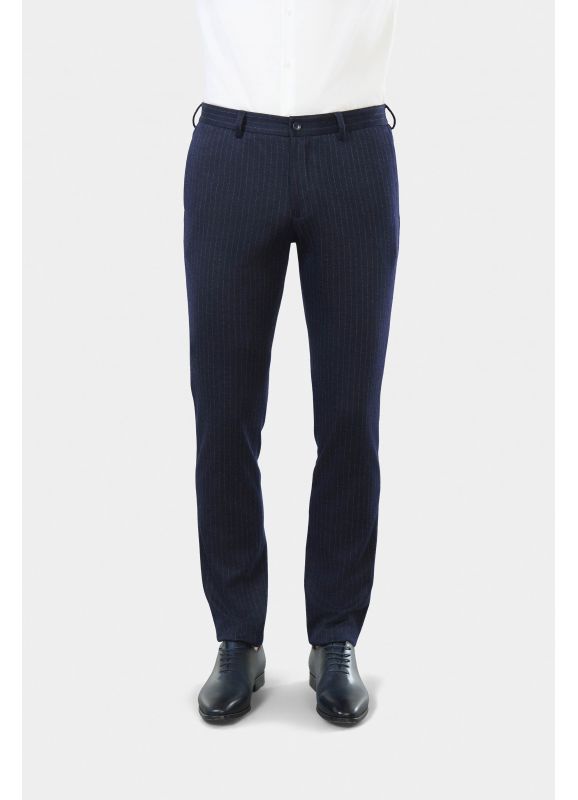 Fitted half-elasticated suit trousers in chalk stripe wool blend knitted fabric