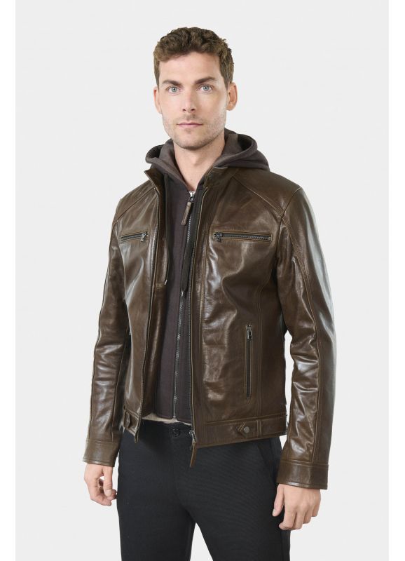 Leather jacket with swansdown removable hood Brilo