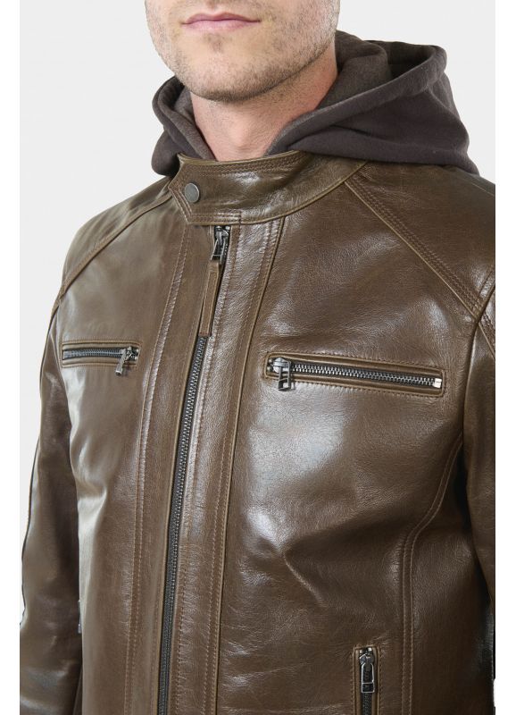 Leather jacket with swansdown removable hood Brilo
