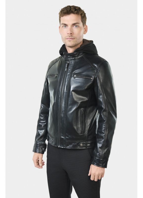 Leather jacket with swansdown removable hood Brilo