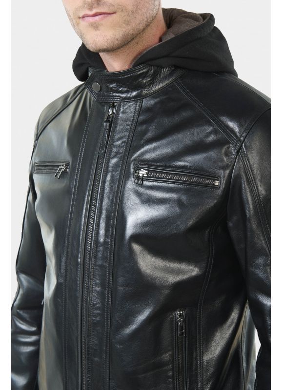 Leather jacket with swansdown removable hood Brilo