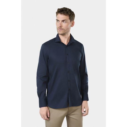 Comfort fit stretch poplin shirt with semi-spread collar