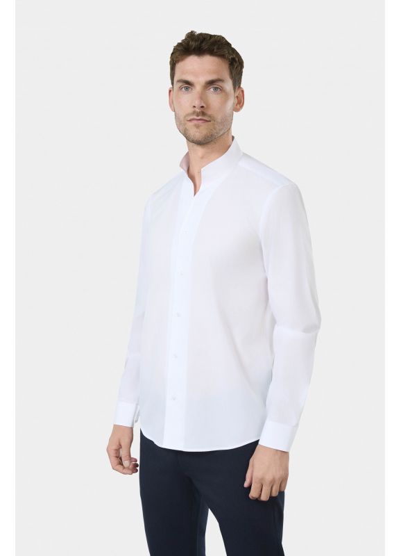 Chemise en popeline de coton col montant ouvert Coupe ajustée