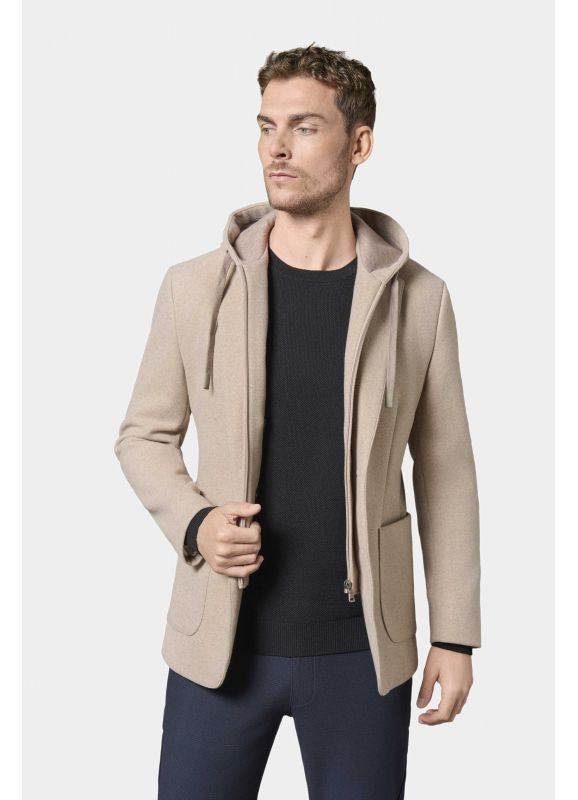 Veste à capuche et plastron amovible en drap de laine