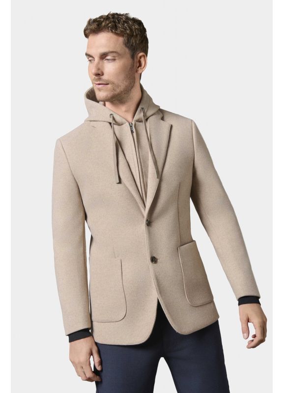 Veste à capuche et plastron amovible en drap de laine