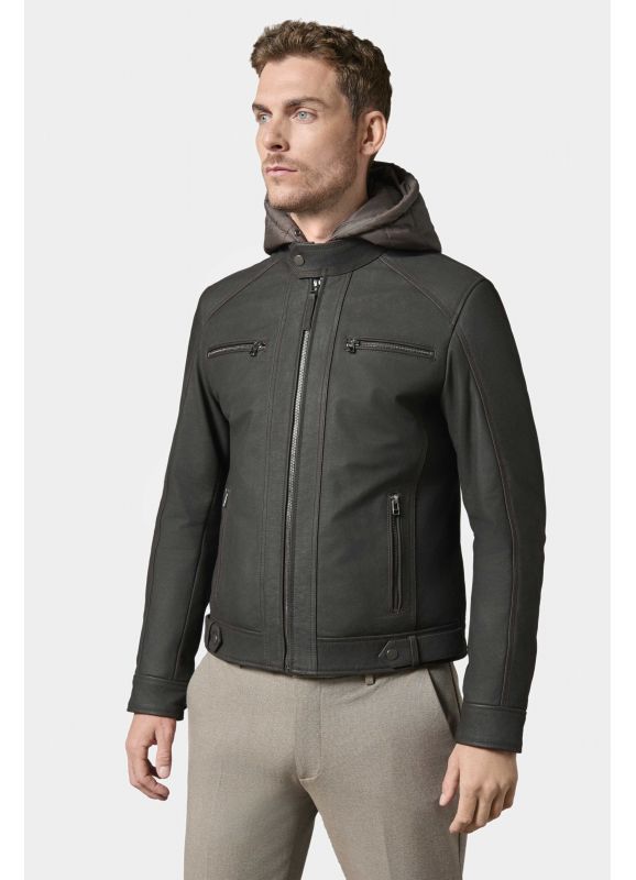 Blouson en cuir avec capuche amovible