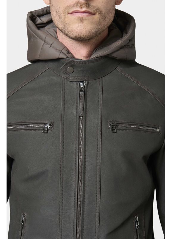 Blouson en cuir avec capuche amovible