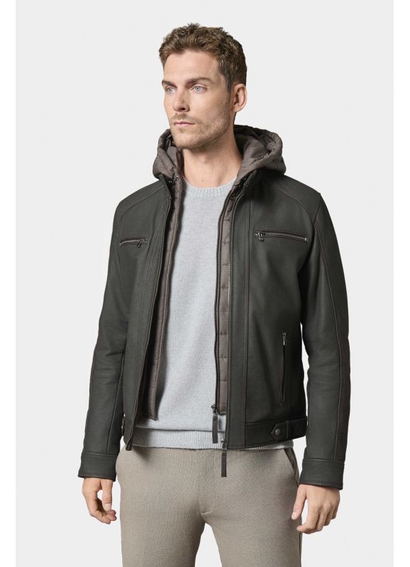 Blouson en cuir avec capuche amovible
