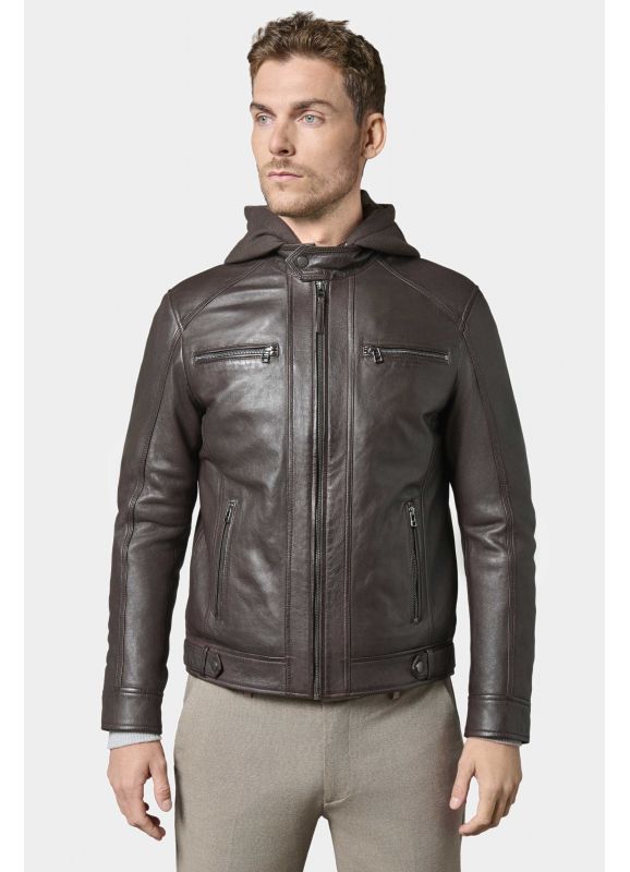 Blouson en cuir avec capuche amovible en molleton Jimmy
