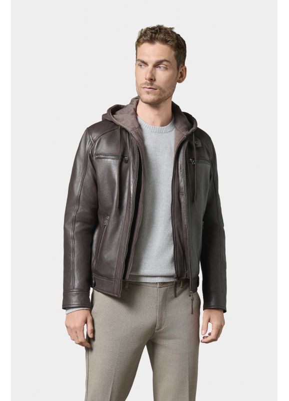 Blouson en cuir avec capuche amovible en molleton Jimmy