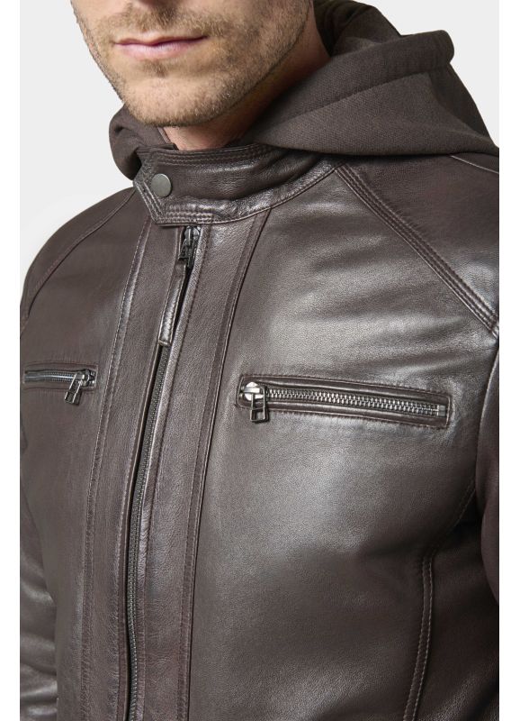 Blouson en cuir avec capuche amovible en molleton Jimmy