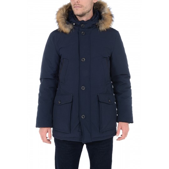 Long down jacket with removable facing and detachable real fur band at the hood edge