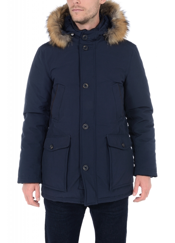 Long down jacket with removable facing and detachable real fur band at the hood edge